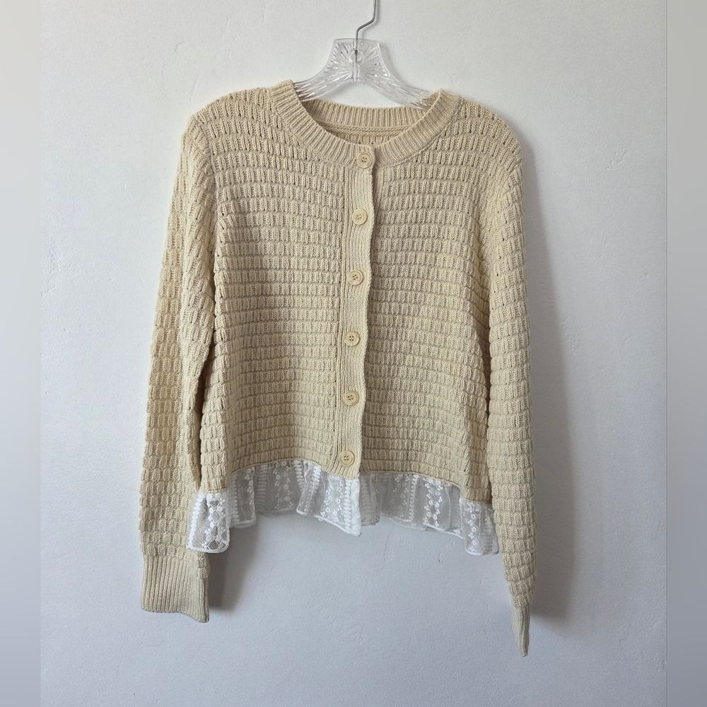 Cream Lace Trim Cardigan Sweater Preppy Coquette Old Money Academia Feminine L - Picture 6 of 12